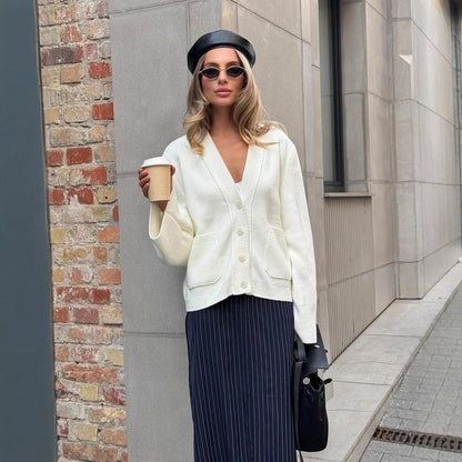Women's V-Neck Button Front Cardigan Sweater Pockets