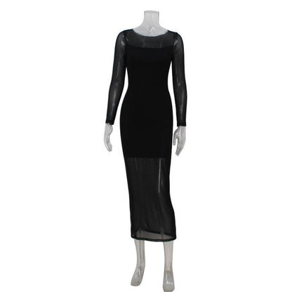 Black Mesh Panel Long Sleeve Bodycon Maxi Dress