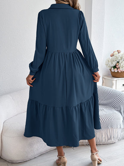 Collared Long Sleeve Tiered Shirt Dress