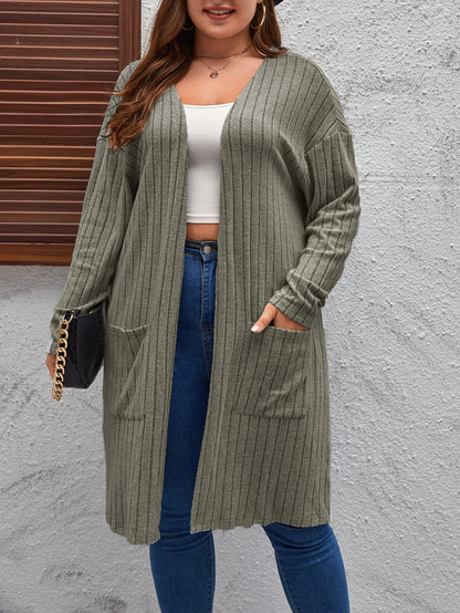 Plus Size Open Front Long Cardigan Ribbed Knit Pockets