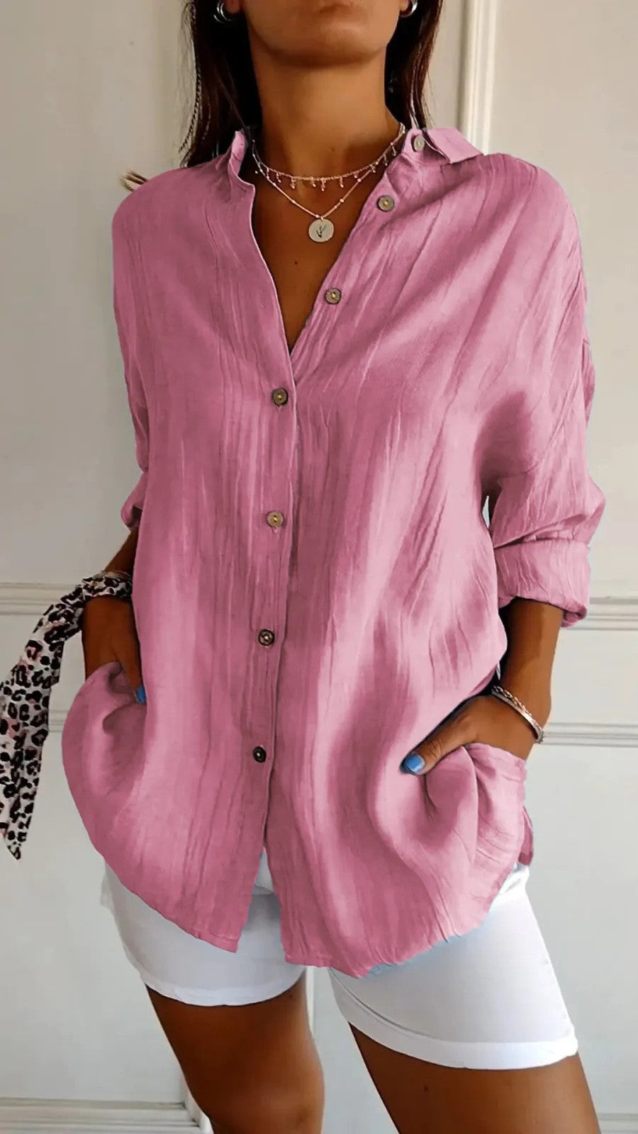 Women's Pleated Collared Button Down Blouse Roll Tab Sleeve