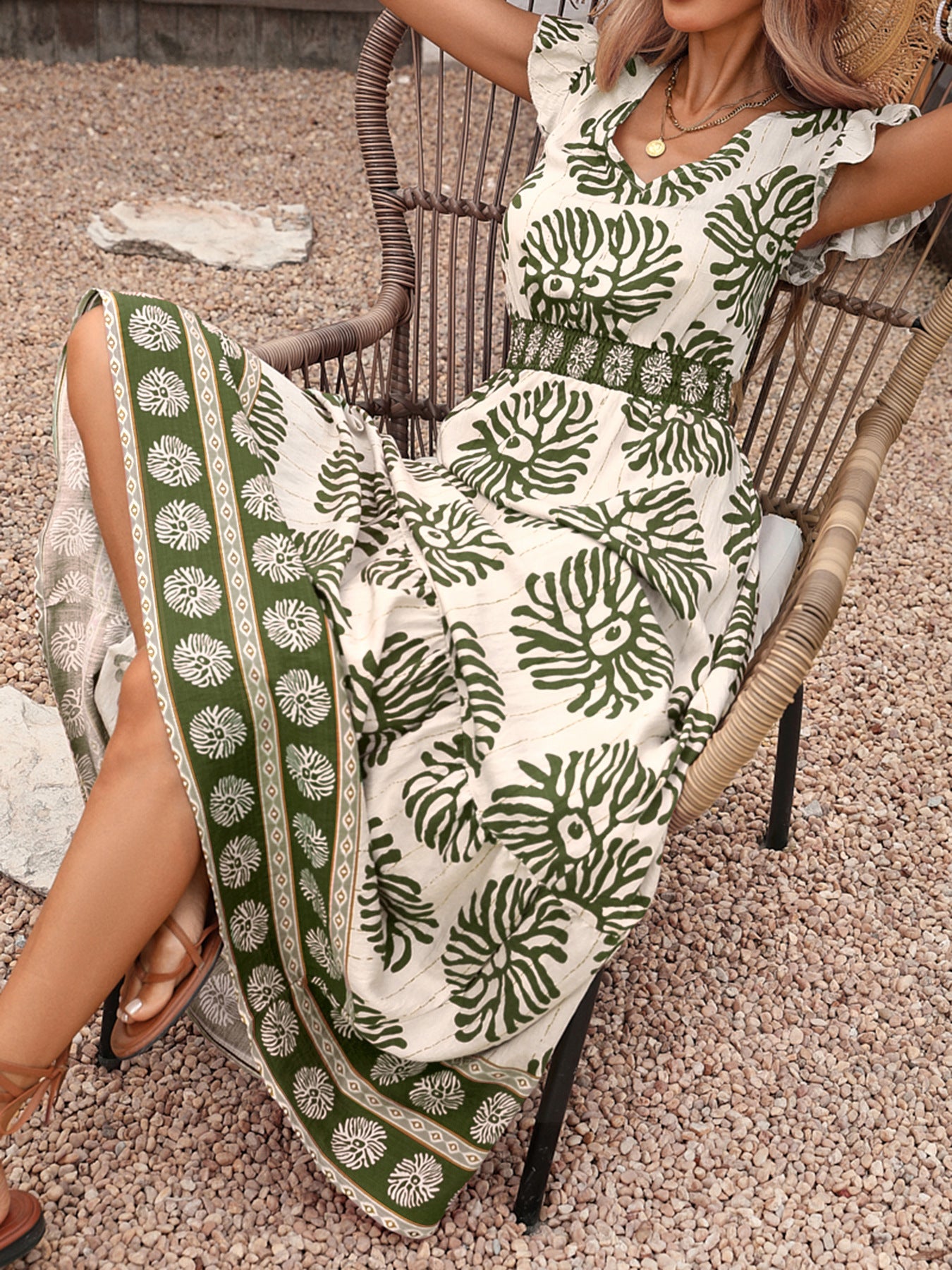 Boho Leaf Print V Neck Flutter Sleeve Maxi Dress Resort