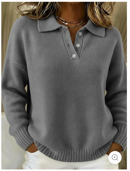 Women Oversized Polo Collar Button Knit Sweater