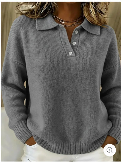 Women Oversized Polo Collar Button Knit Sweater