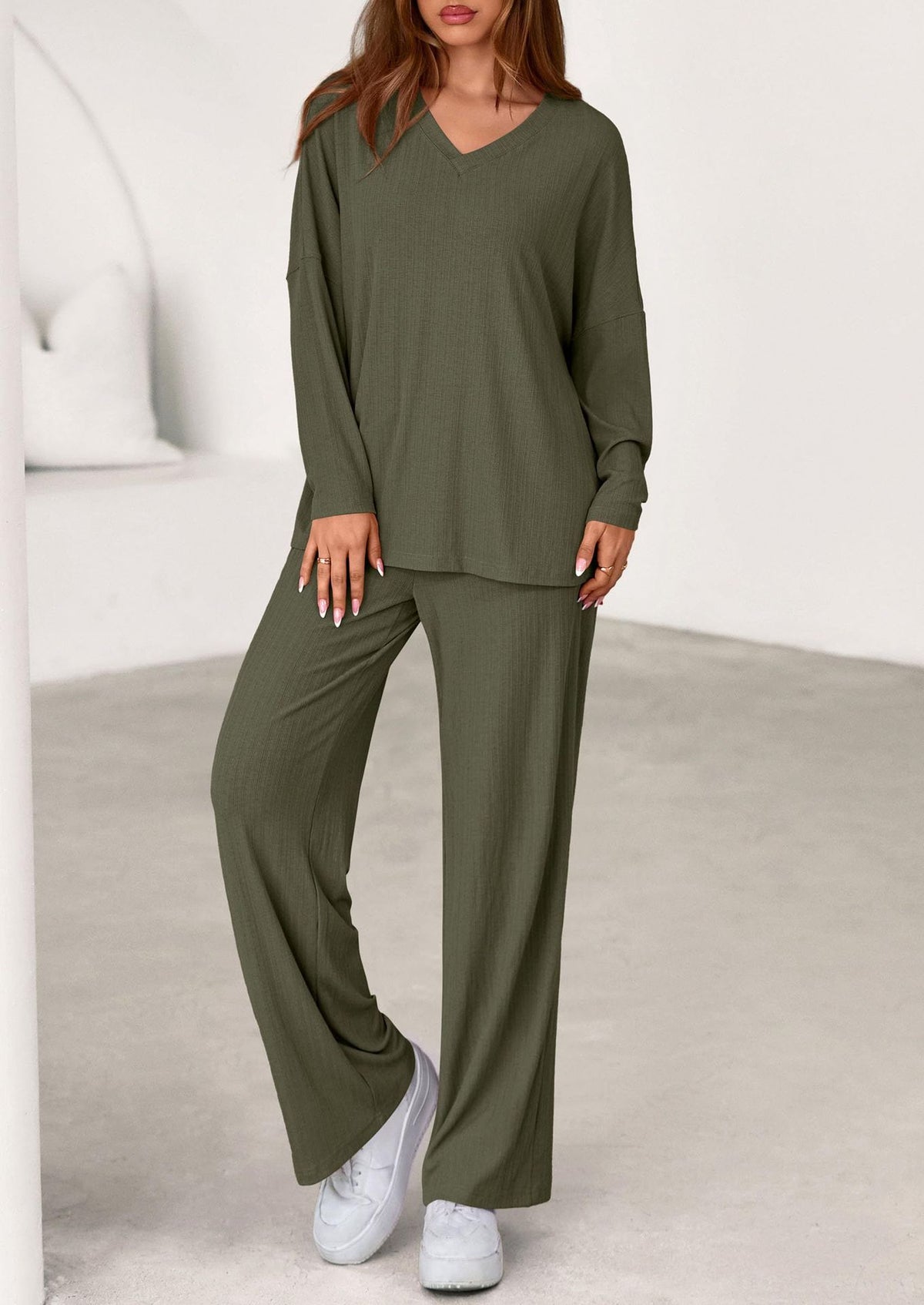 Women's Two Piece Ribbed Lounge Set Wide Leg Pants