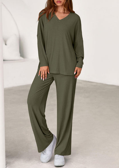 Women's Two Piece Ribbed Lounge Set Wide Leg Pants