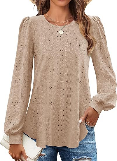 Solid Eyelet Lace Blouse Crew Neck Lantern Sleeve Top