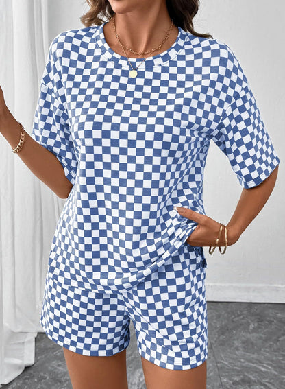 Rose Red Checkerboard Tee and Drawstring Shorts Set