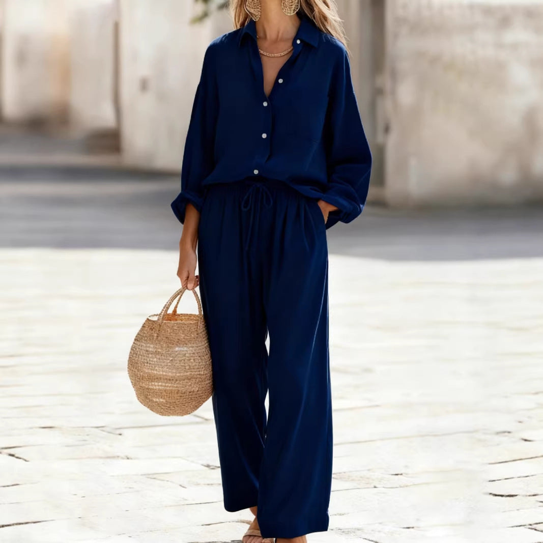 Women's Linen Look Shirt Pants Two Piece Set Casual Lounge