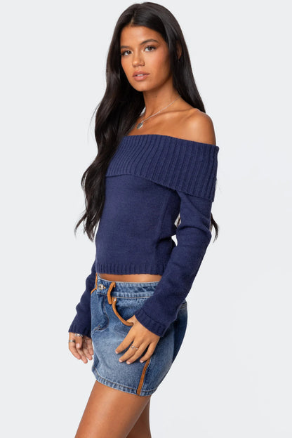 Off Shoulder Ribbed Knit Sweater Long Sleeve Crop Top