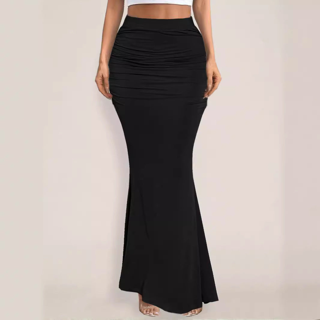 Sexy Ruched High Waist Flared Bodycon Maxi Skirt