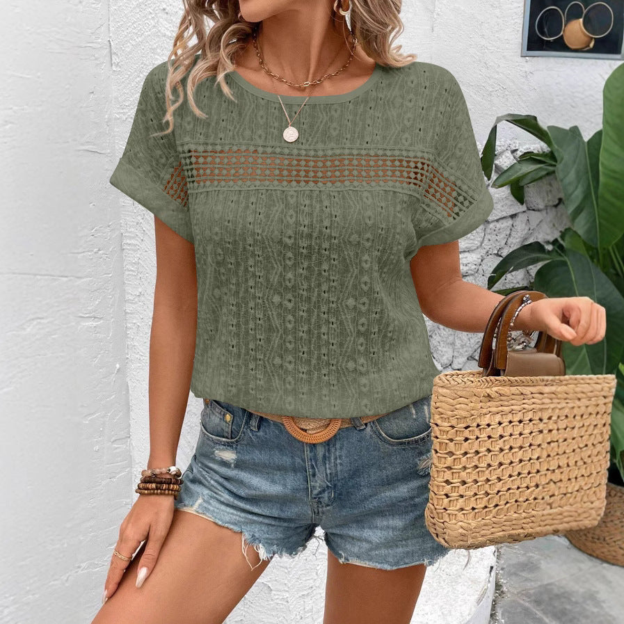Hollow Out Lace Batwing Sleeve Crew Neck Summer Tee