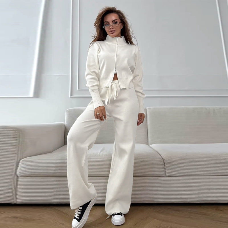 Women's Knit Lounge Set Zip Up Top Wide Leg Pants