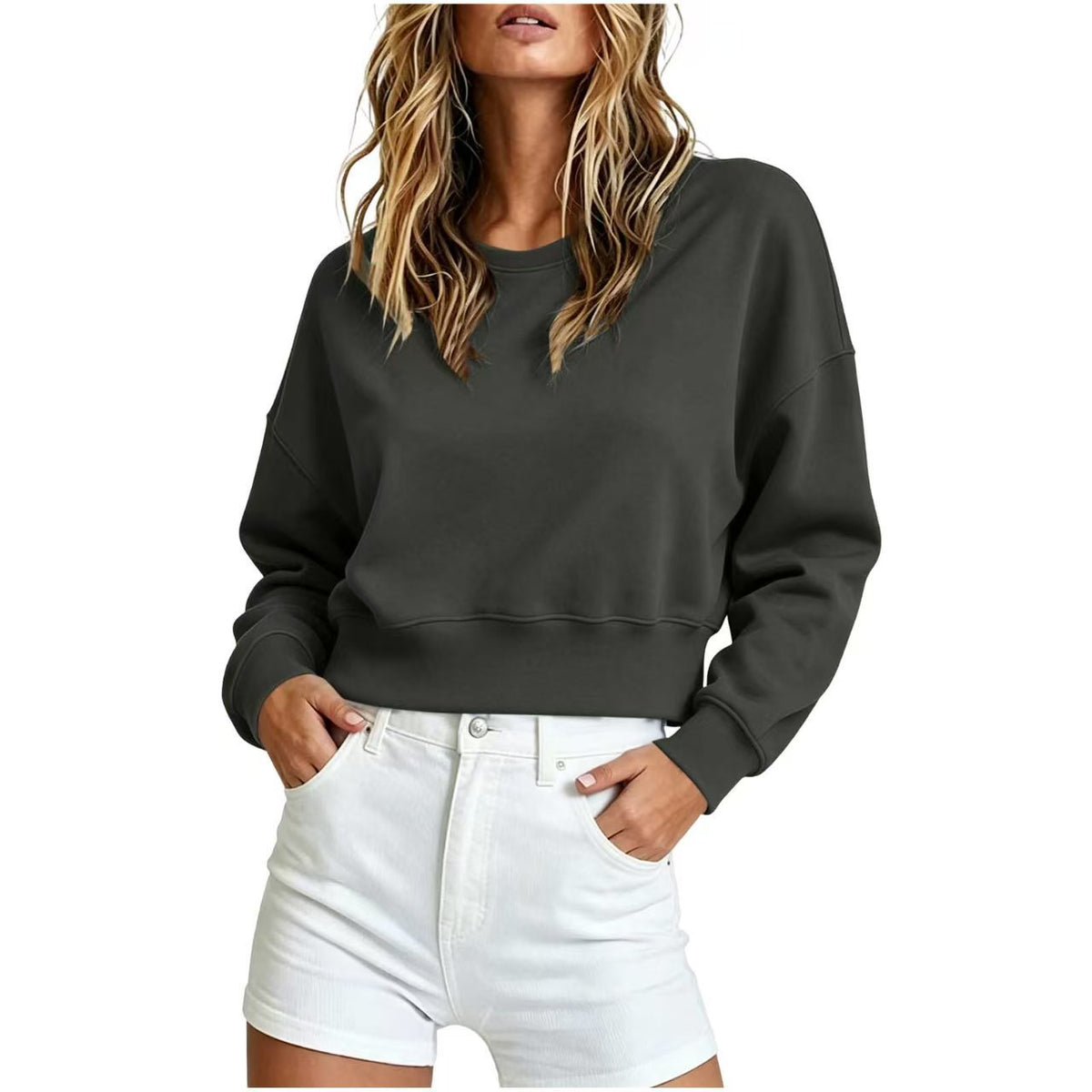 Women's Cropped Crewneck Sweatshirt Oversized Long Sleeve