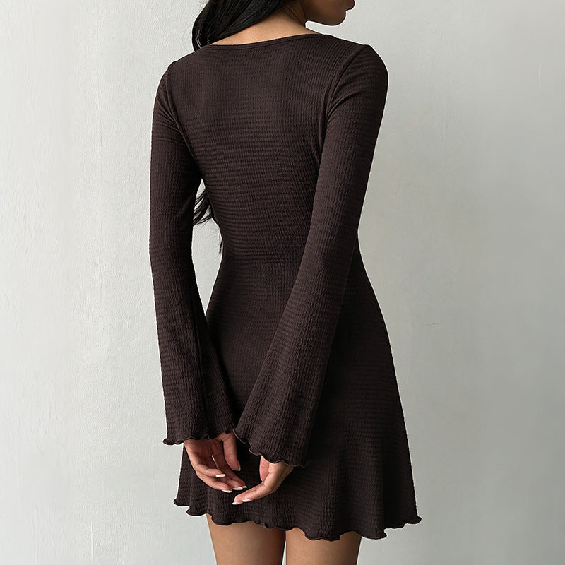Women's Textured Boat Neck Bell Sleeve Mini Dress