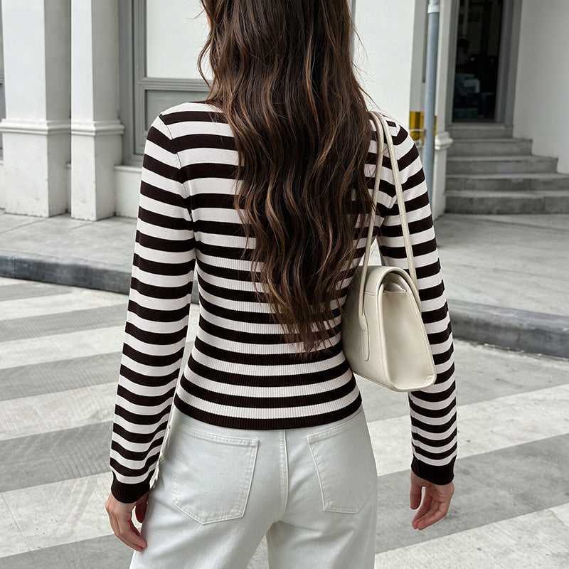Women's Striped Boat Neck Long Sleeve Knit Sweater