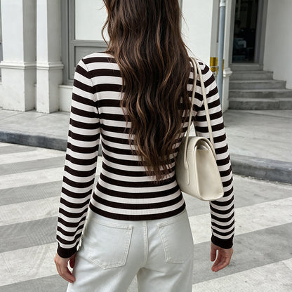 Women's Striped Boat Neck Long Sleeve Knit Sweater