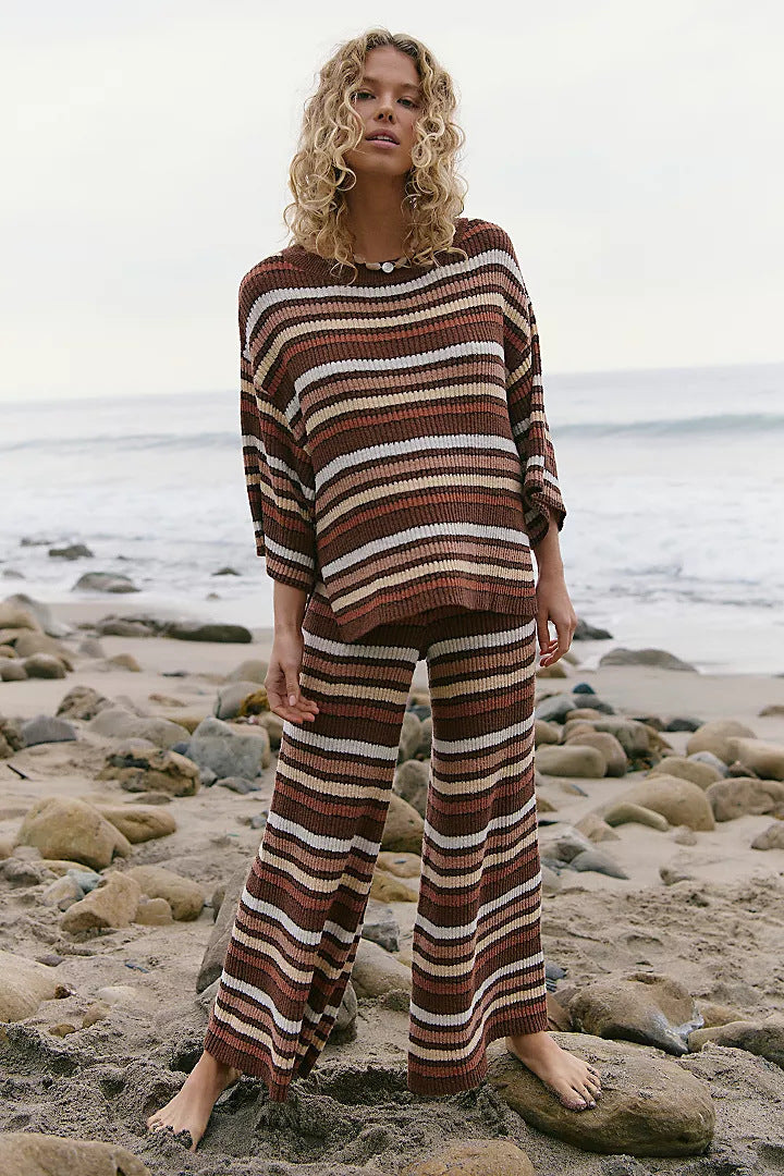 Boho Striped Knit Two Piece Set Wide Leg Pants