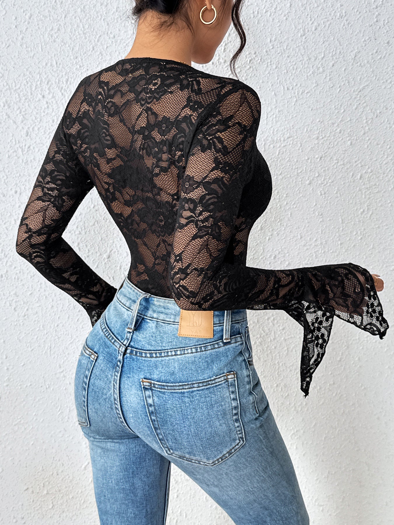Black Lace Bodysuit V Neck Long Sleeve Sexy Top