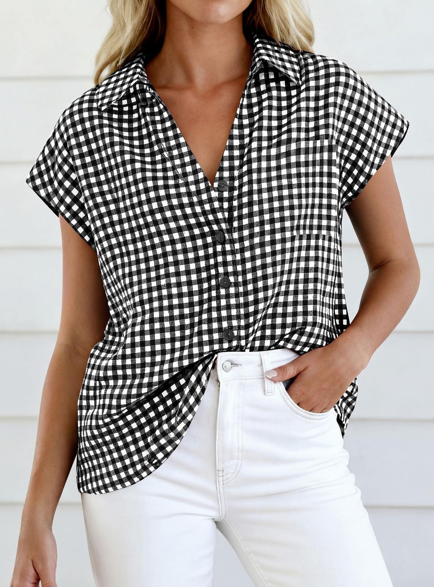 Gingham Button Down Short Sleeve Loose Fit Blouse