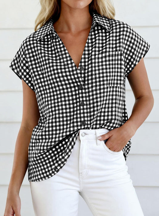 Gingham Button Down Short Sleeve Loose Fit Blouse