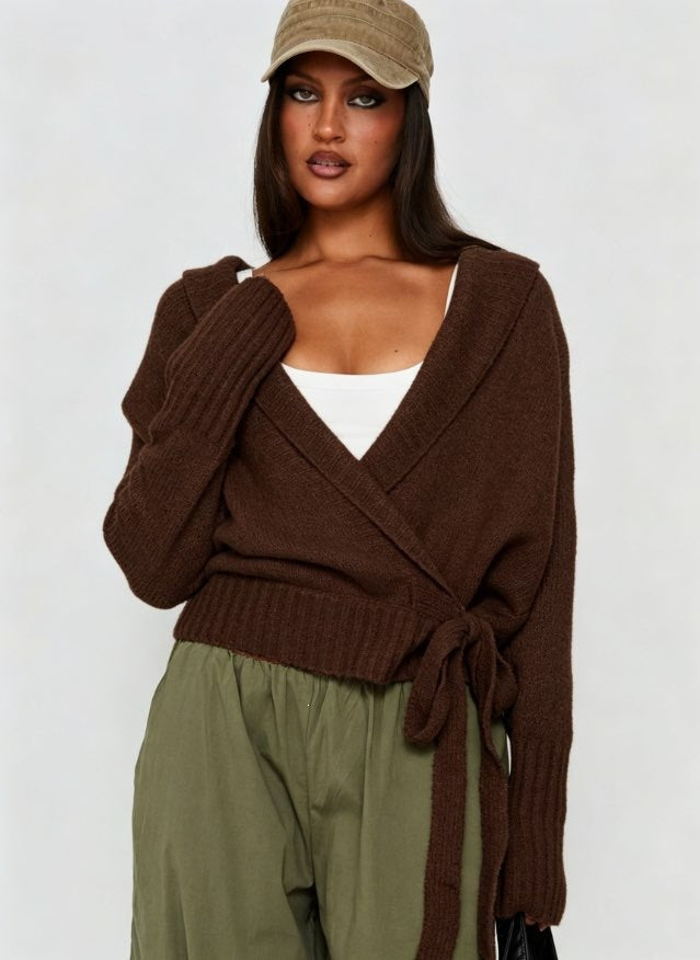 Women's Fuzzy Wrap Cardigan Tie Waist Long Sleeve Sweater