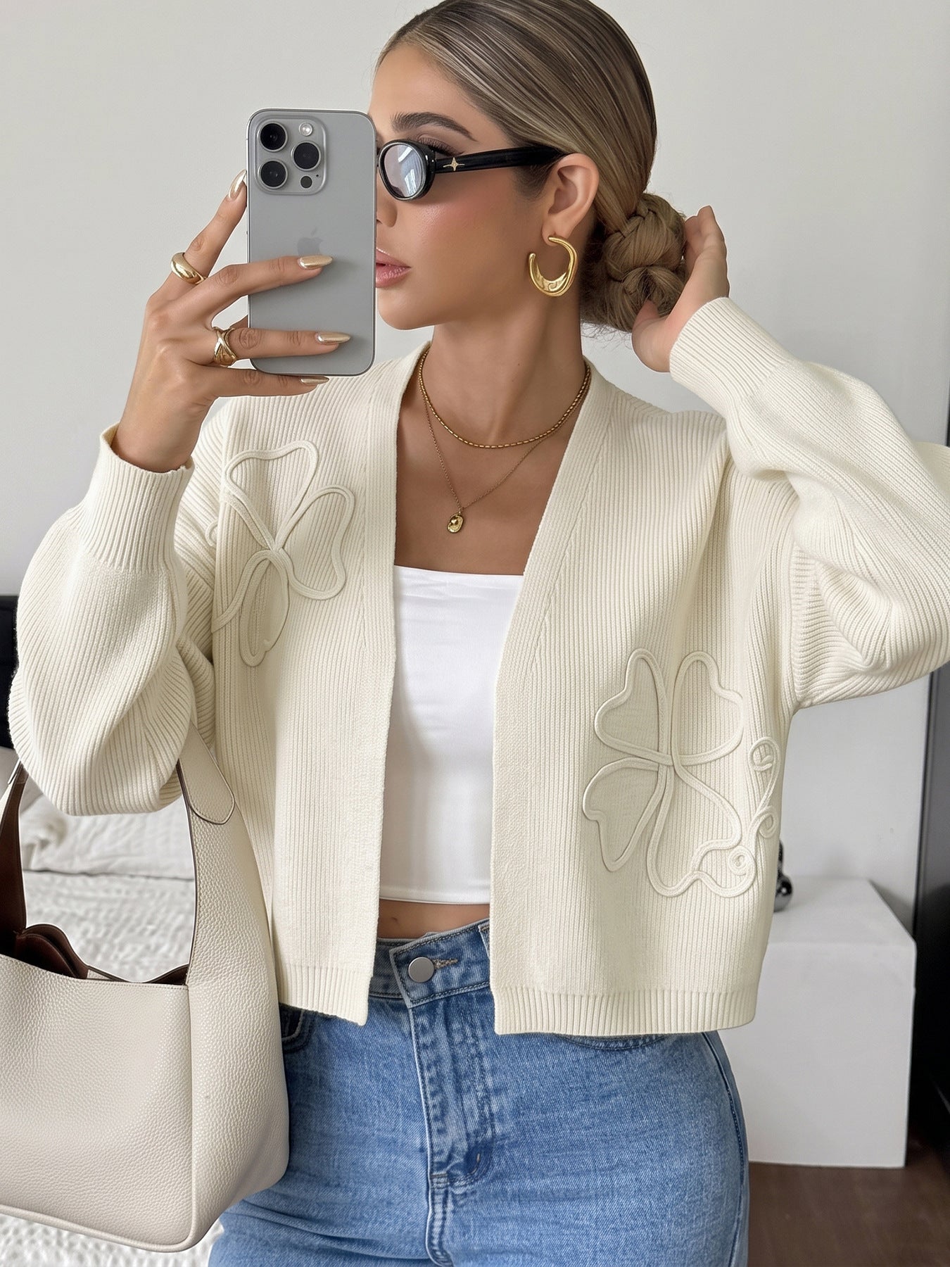 Women's Floral Embroidered Open Front Knit Cardigan