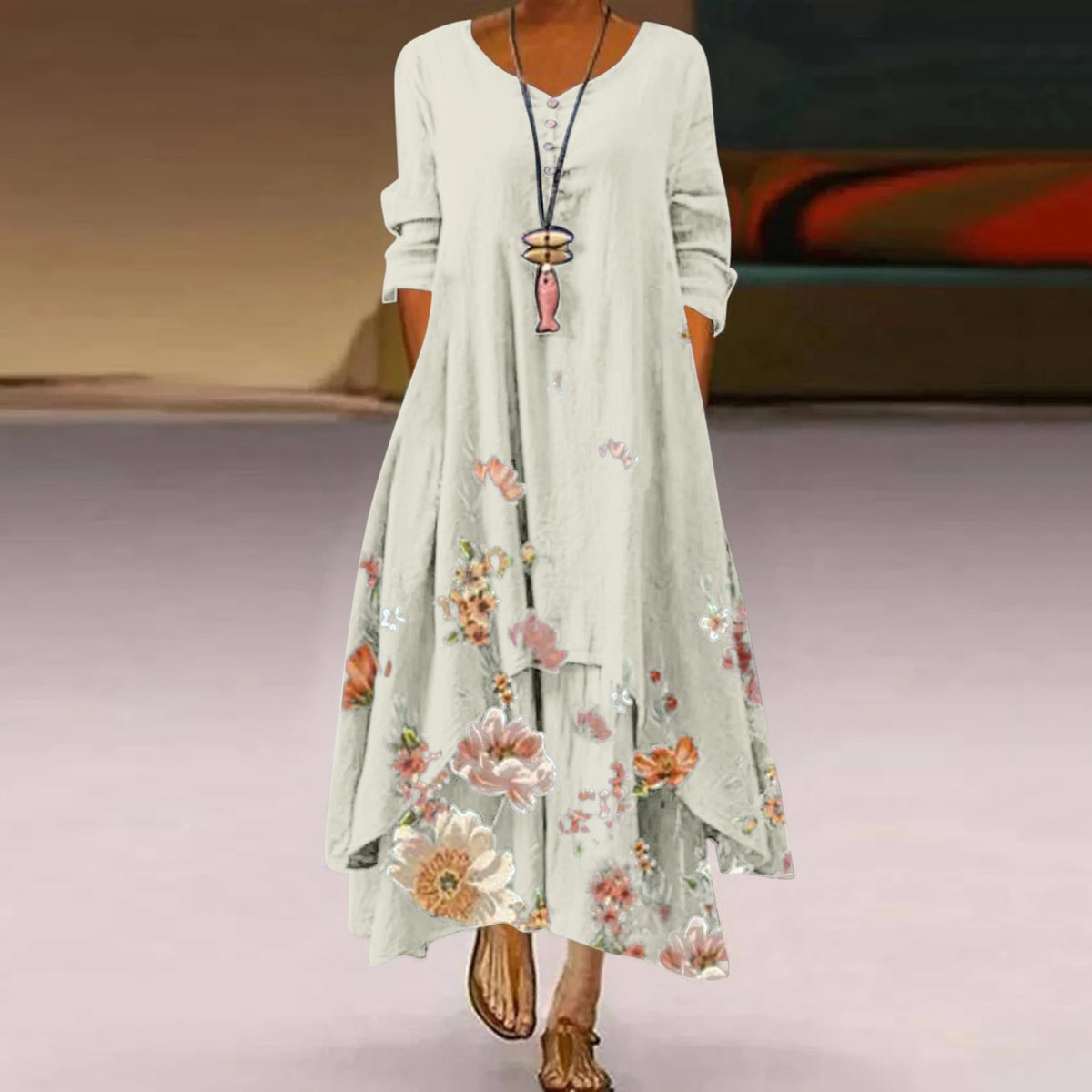 Women's Boho Floral Long Sleeve Asymmetrical Maxi Dress