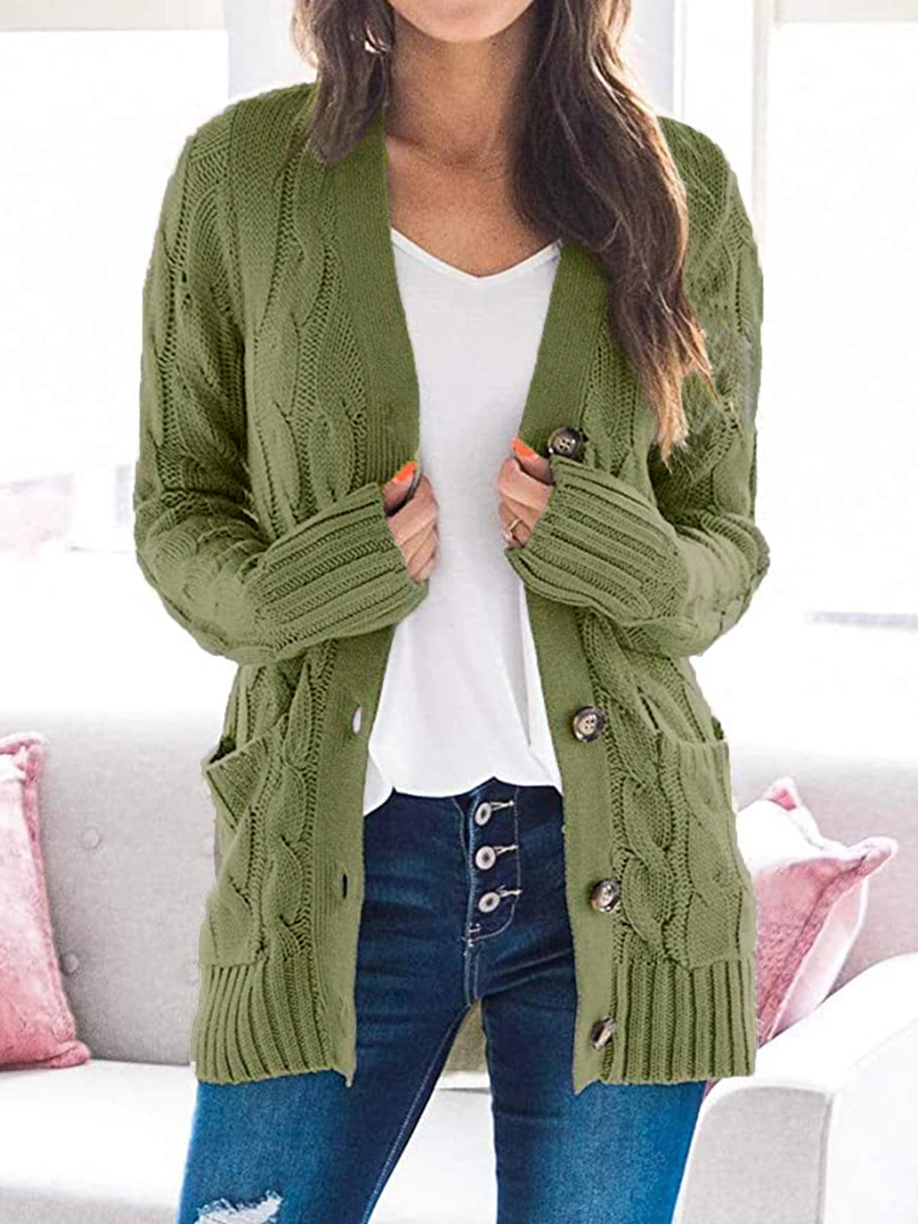 Womens Chunky Cable Knit Button Cardigan Sweater Pockets
