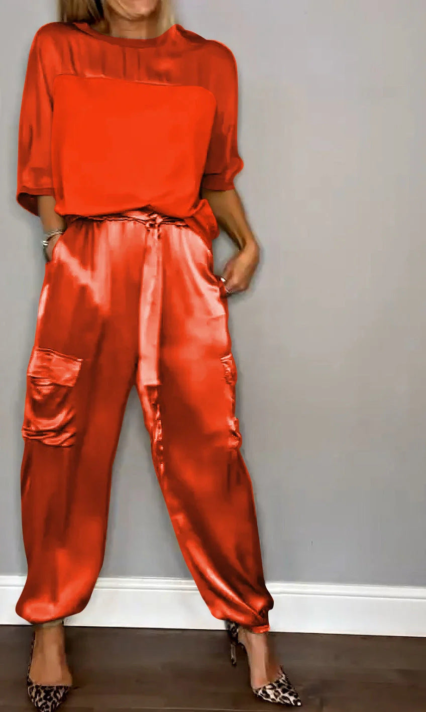Women's Satin Two-Piece Jogger Set Short Sleeve Pockets