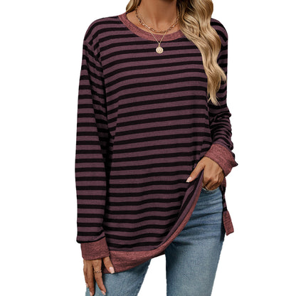 Women's Striped Color Block Oversized Long Sleeve Tunic Top