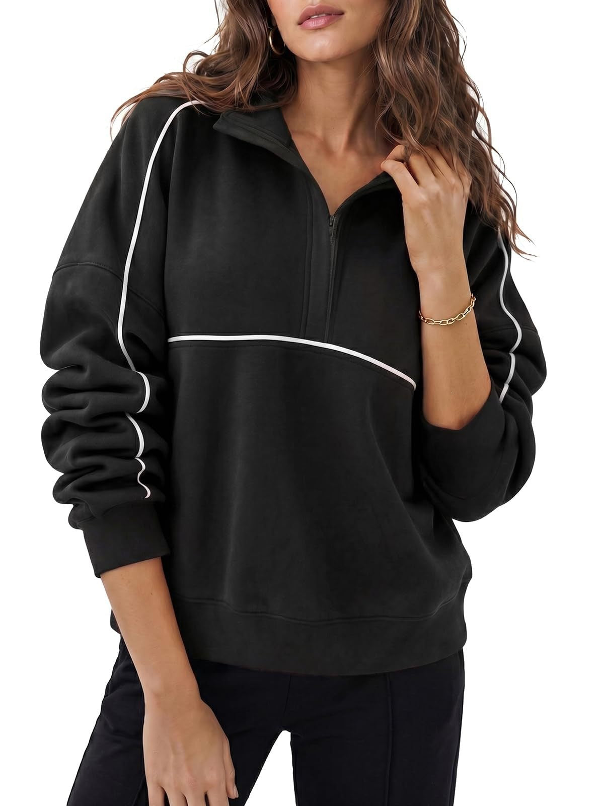 Quarter Zip Pullover Sweatshirt Contrast Piping Relaxed Fit