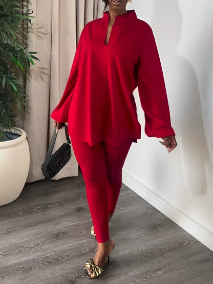 Boho Knit Split V-Neck Top & Leggings Two Piece Set