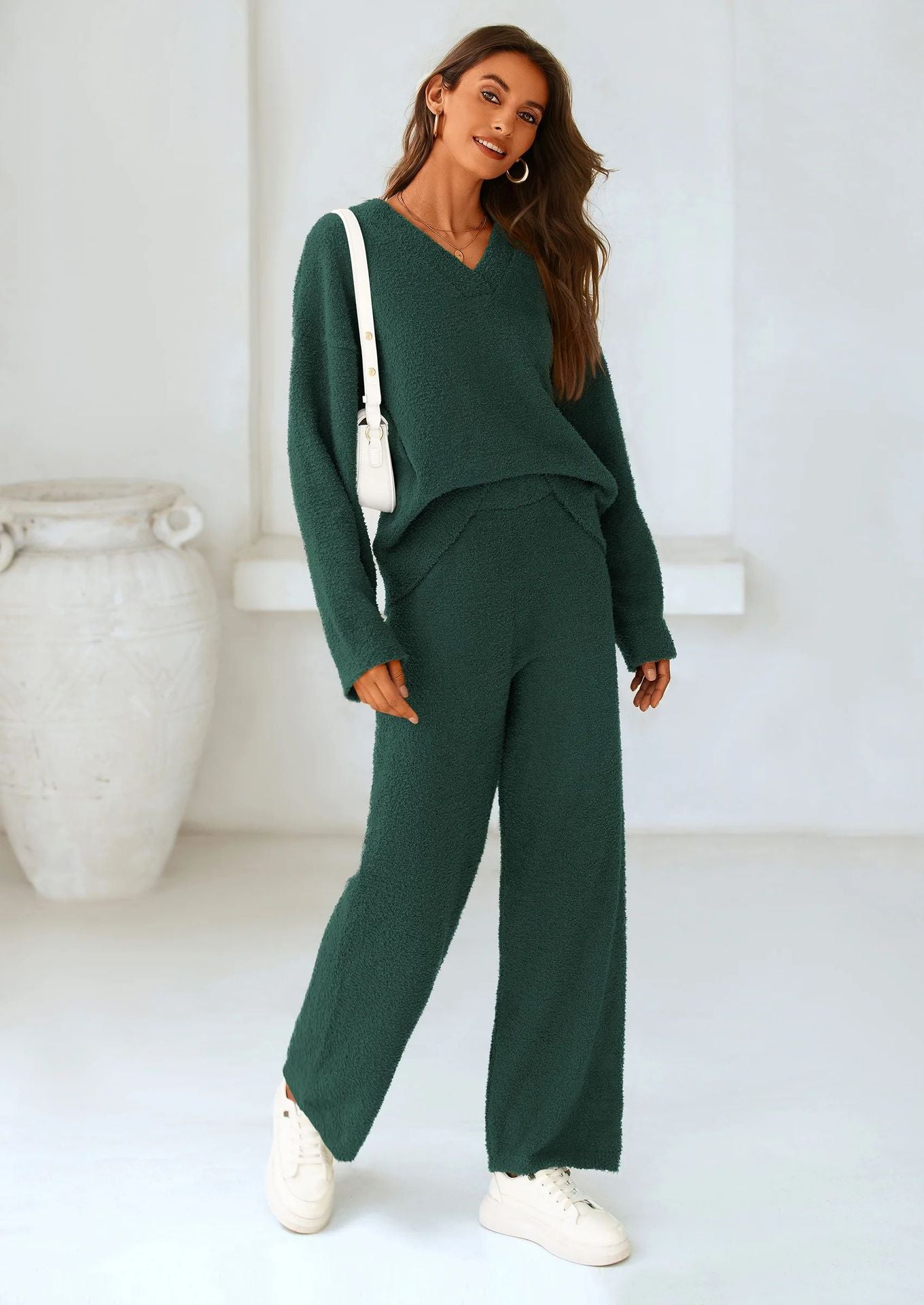 Women's V Neck Knit Two Piece Lounge Set Wide Leg Pants