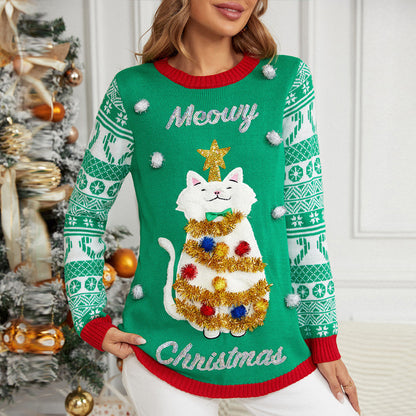 Cute Cat Christmas Sweater Embroidered Holiday Pullover