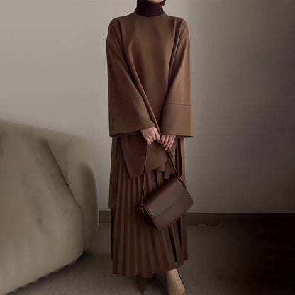 Women Oversized Sweatshirt Pleated Maxi Skirt Set