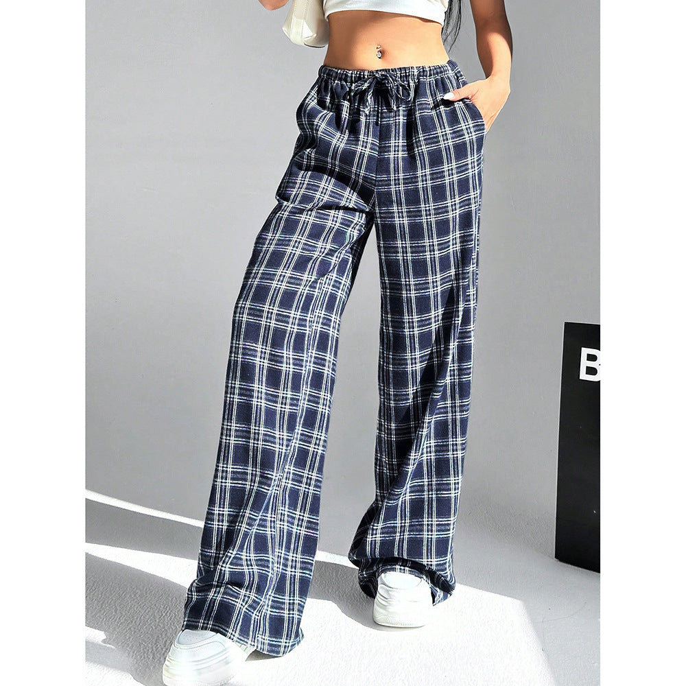 Plaid Wide Leg Pants Drawstring Casual Lounge Pants