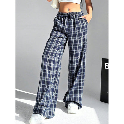 Plaid Wide Leg Pants Drawstring Casual Lounge Pants