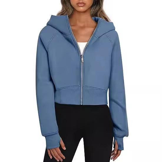 Women's Cropped Zip Up Hoodie Fleece Long Sleeve Jacket
