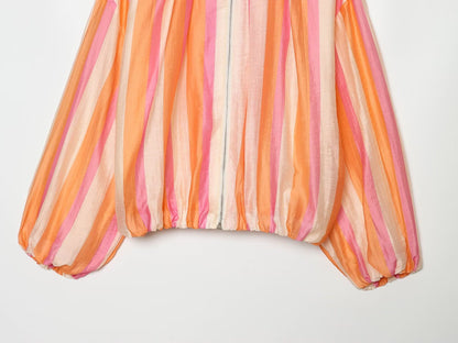 Women's Striped Bomber Jacket Zip Up Stand Collar