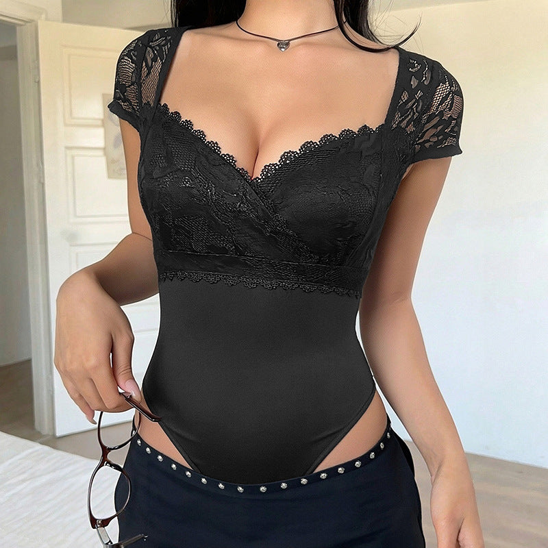 Lace V Neck Bodysuit Sexy Short Sleeve Bodycon Top