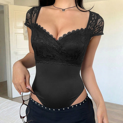 Lace V Neck Bodysuit Sexy Short Sleeve Bodycon Top