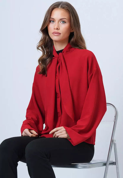 Women's Tie Neck Button Front Long Sleeve Top