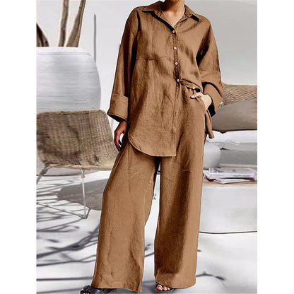 Linen Blend Button Shirt Pants Two Piece Set Casual Outfit