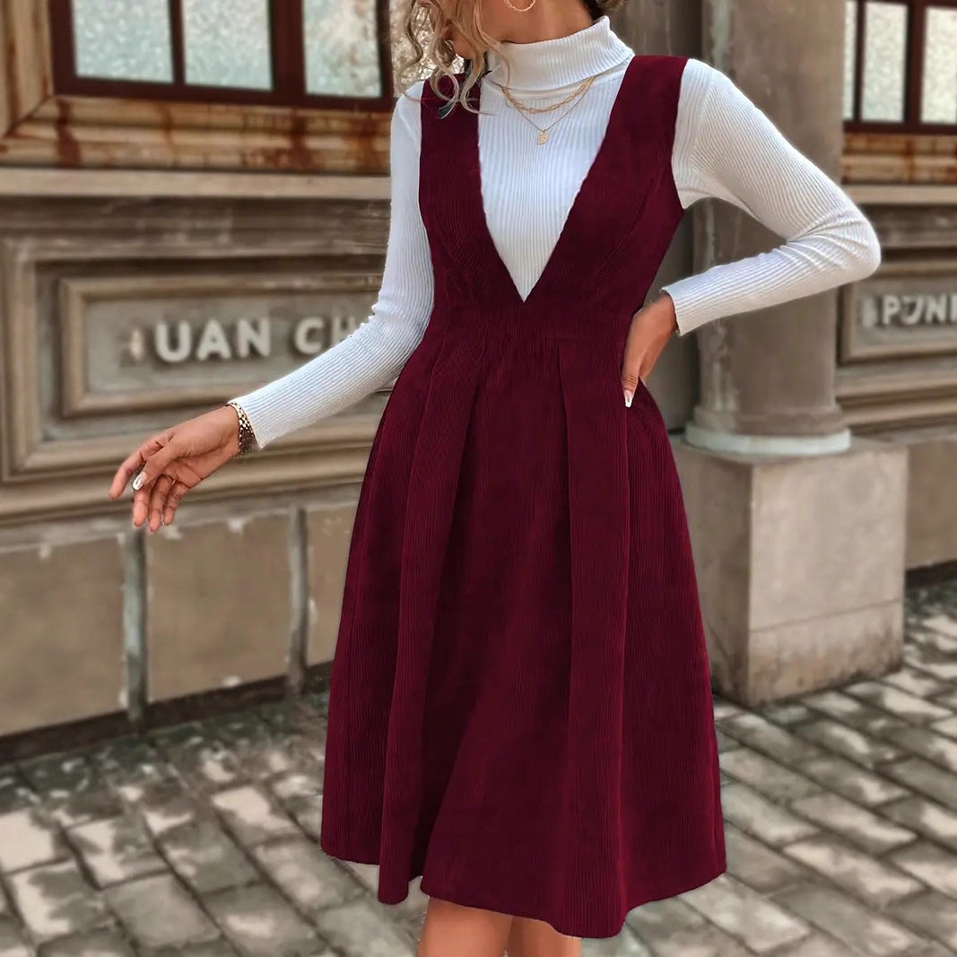 Corduroy Pinafore Dress V-Neck Sleeveless Midi A-Line