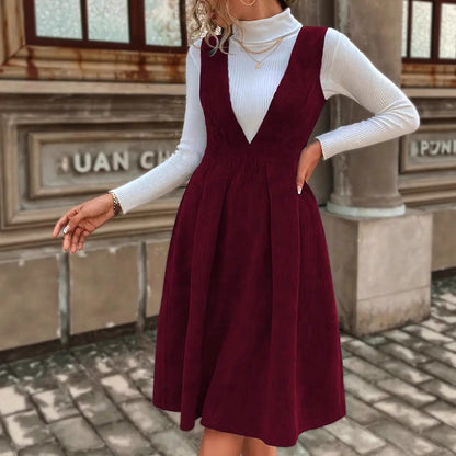 Corduroy Pinafore Dress V-Neck Sleeveless Midi A-Line