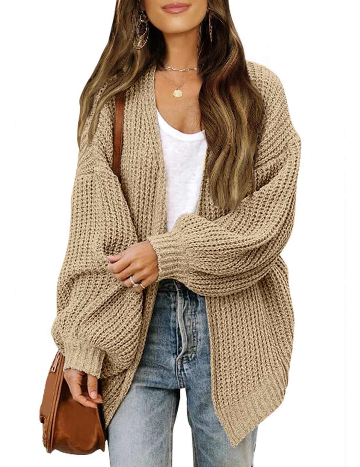 Women's Oversized Chunky Knit Open Front Pocket Cardigan