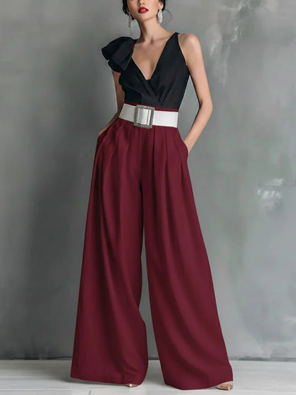 Women's Belted High Waist Wide Leg Work Pants