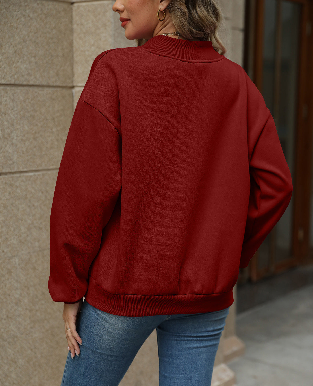 Colorblock V Neck Fleece Sweatshirt Women Casual Pullover Top