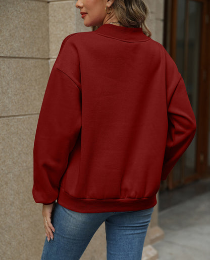 Colorblock V Neck Fleece Sweatshirt Women Casual Pullover Top